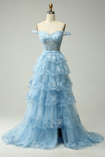 Princess A Line Off the Shoulder Blue Long Prom kjole med Appliques